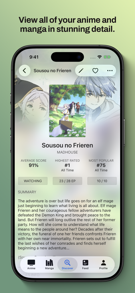 Una página de información detallada de anime en la aplicación MyAniList que muestra calificaciones, progreso de episodios y un resumen de Sousou no Frieren