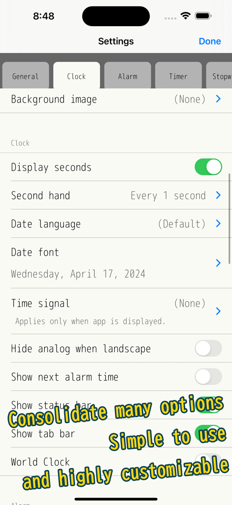 Captura de pantalla de los ajustes de personalización del reloj que muestra varias opciones de visualización y fuente en la aplicación Alarma y Temporizador.