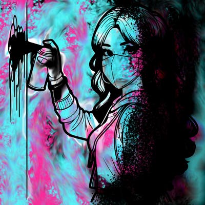 realistic girl with mask spray painting a wall