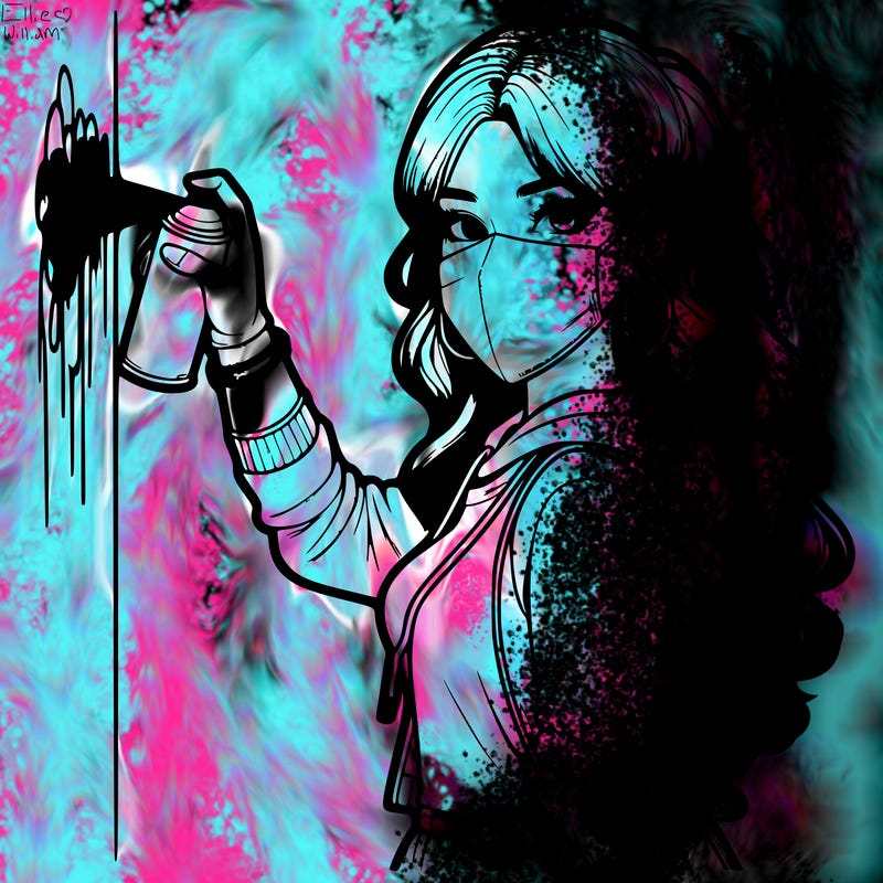 realistic girl with mask spray painting a wall