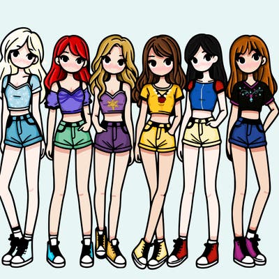 a group of girls wearing crop tops and shorts