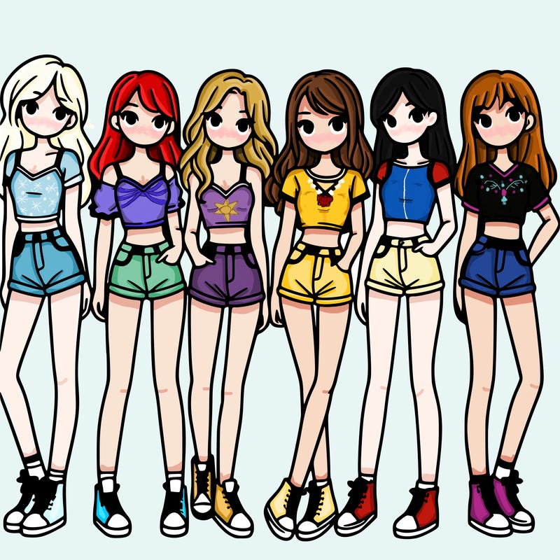 a group of girls wearing crop tops and shorts