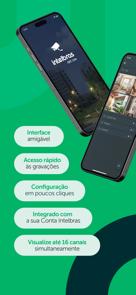 Intelbras ISIC Lite - Intelbras ISIC Lite app screens showing multi-camera security monitoring and professional features for DVR and NVR systems.