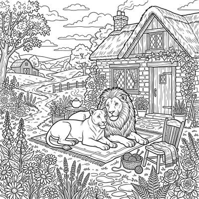 Unwind with this delightful coloring page featuring majestic lions nestled in a charming cottagecore landscape. This intricate scene captures the tranquility of rural life, inviting you to add your personal touch to every detail.