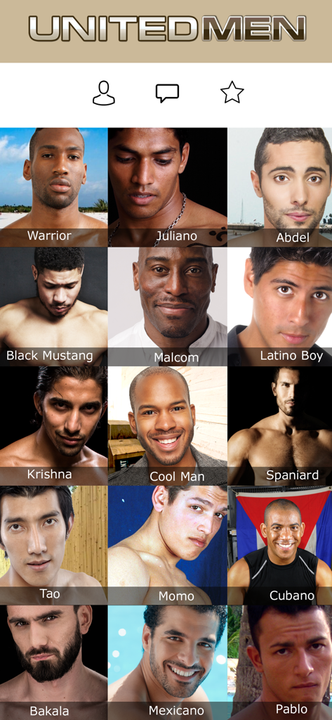 Raster mit vielfältigen Männerprofilen in der UnitedMen Gay Chat und Interracial Dating App