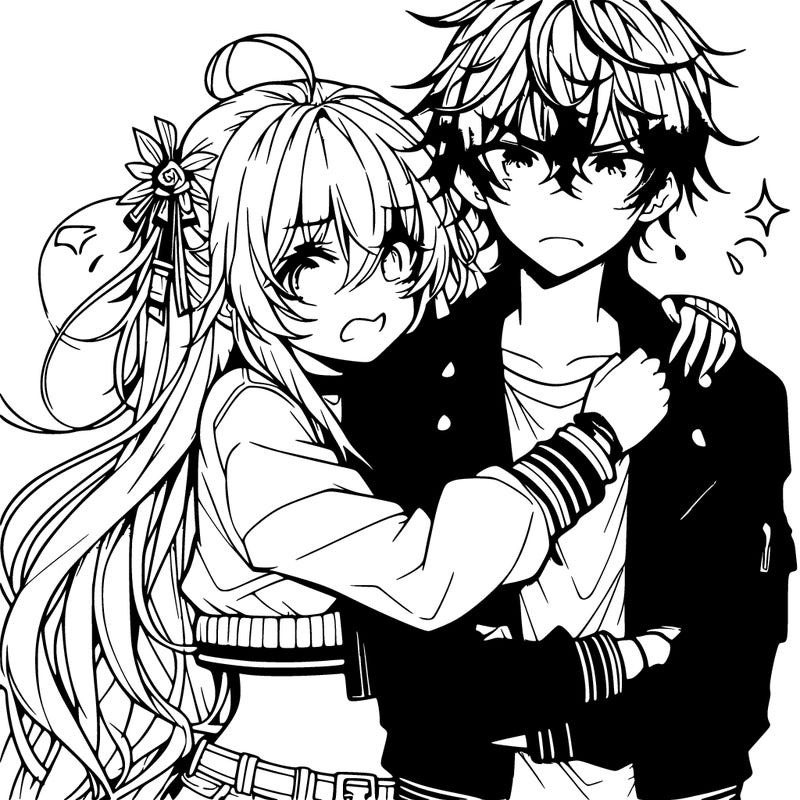 anime girl with long messy hair wearing a cropped jacket hugging an anime guy wearing a leather jacket and looking embarrassed
