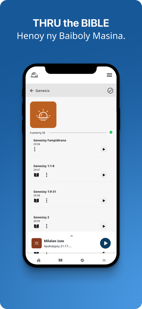 TTB Malagasy Fianarana Baiboly - Mobile app interface of TTB Malagasy Bible study showing a list of audio lessons for the book of Genesis.