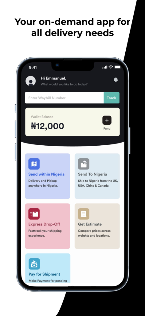 GIG LOGISTICS MOBILE - The home dashboard of the GIGGO mobile app featuring on-demand delivery options, shipment tracking, and digital wallet balance.