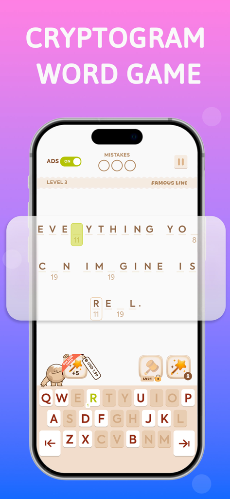 Cryptogram: Number & Word Game - A smartphone displaying a cryptogram logic puzzle where a player decodes a quote using numbers and letters.
