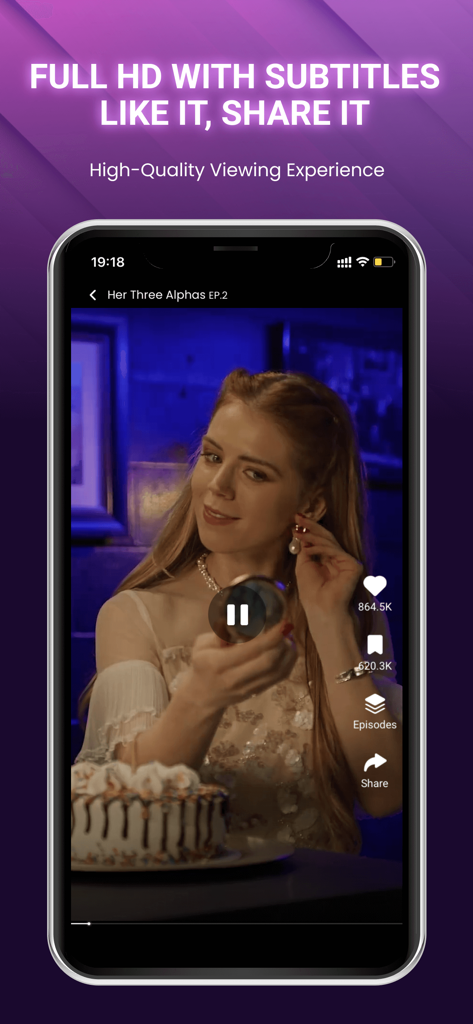 SnackShort mobile app showing a high definition short drama episode with like and share options