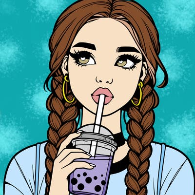 realistic girl with braided hair drinking boba