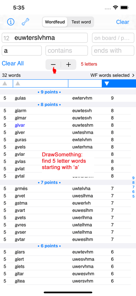 Svenska Words Finder app screenshot showing a list of 5-letter Swedish words starting with the letter A for word games like Wordfeud and Draw Something