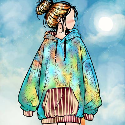 realistic girl with a oversized sweatshirt on and a bun