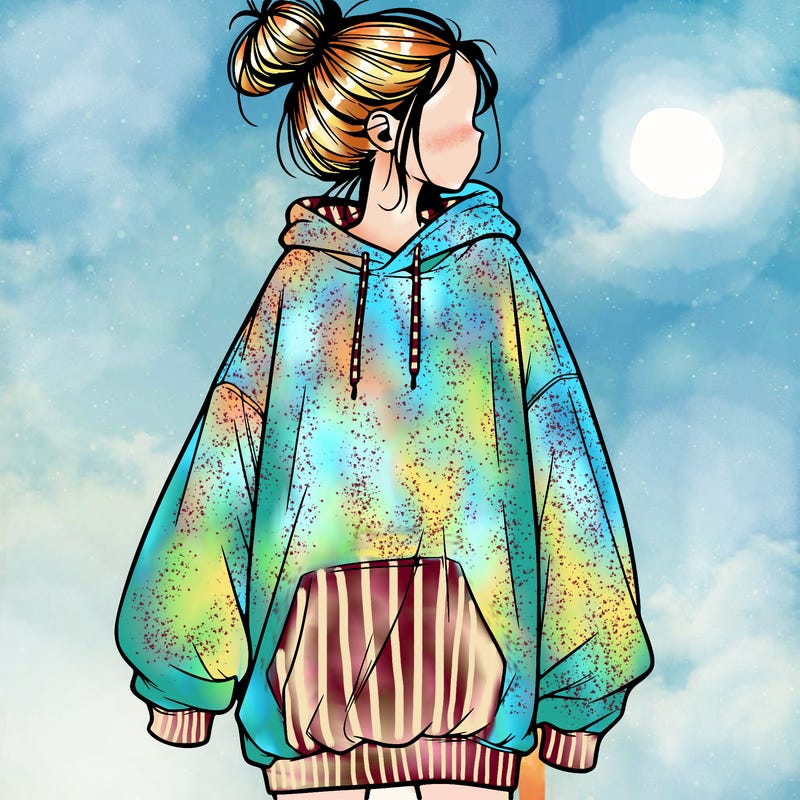 realistic girl with a oversized sweatshirt on and a bun