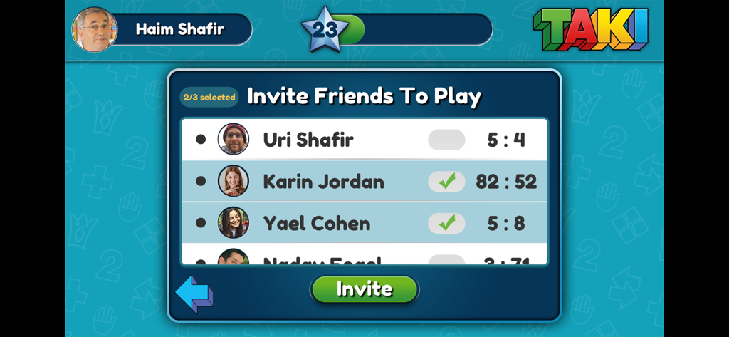 Screenshot of the TAKI app showing the Invite Friends To Play screen with a list of players and game scores