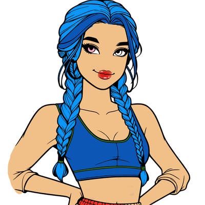 a realistic girl with a cut crop top with braids with a smirk