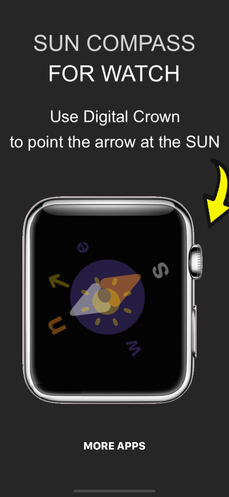 Compass for Watch app on an Apple Watch showing how to use the digital crown to point at the sun for navigation.