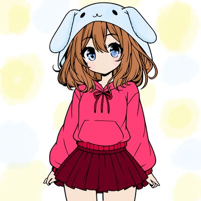 pretty anime girl wearing a fluffy hoodie with bunny ears on the hood and a skirt