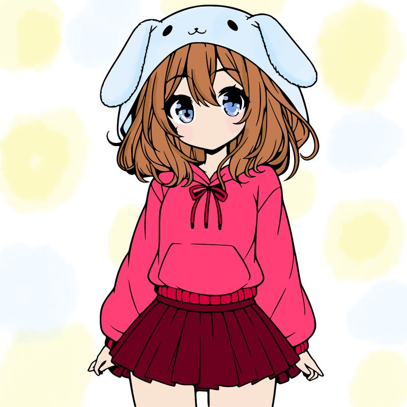 pretty anime girl wearing a fluffy hoodie with bunny ears on the hood and a skirt