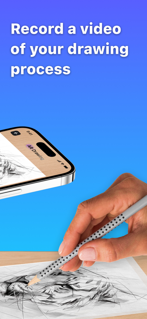 AR Drawing: Trace to Sketch ' - A hand tracing a tiger sketch on paper while recording the drawing process using the AR Drawing app