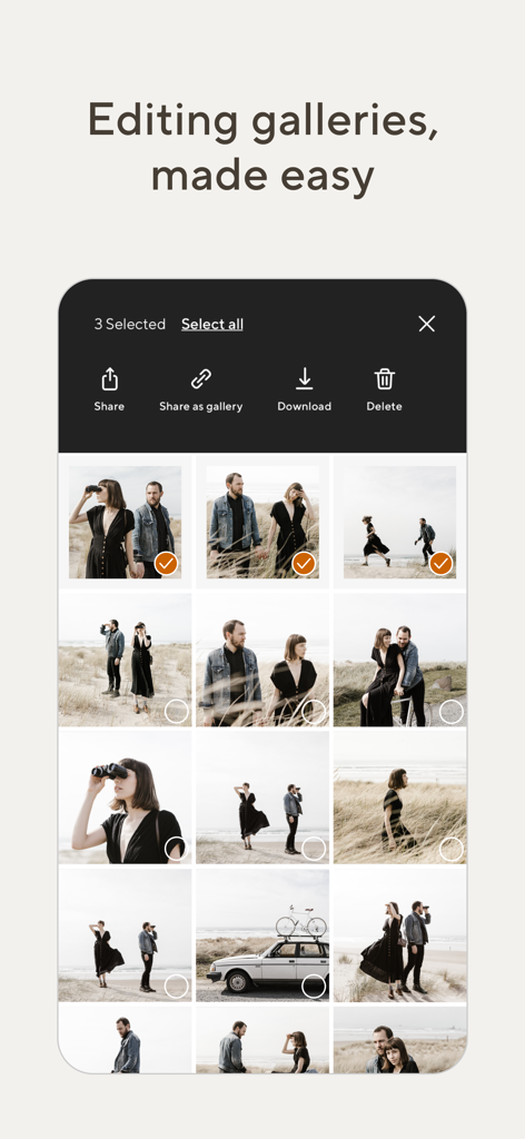 Pic-Time - Interface móvel do aplicativo PicTime para editar e gerenciar galerias de fotografia profissional.