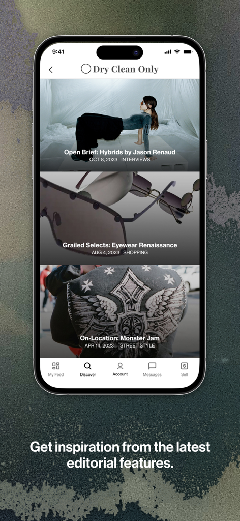 Screenshot of the Grailed app showing editorial fashion features and trend articles under the Dry Clean Only section