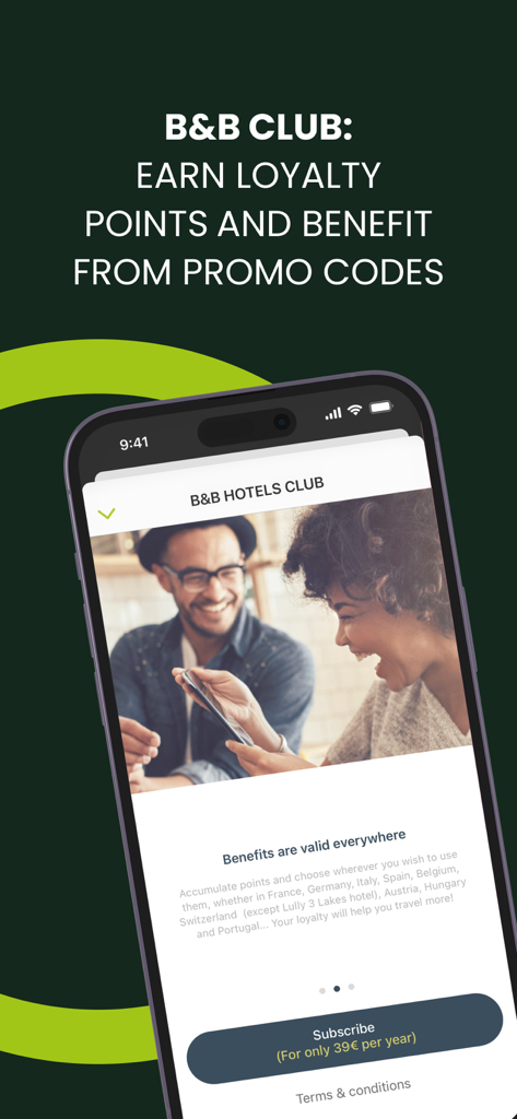B&B HOTELS: book a hotel - B&B Hotels app screen displaying loyalty club benefits and promo codes for international travelers