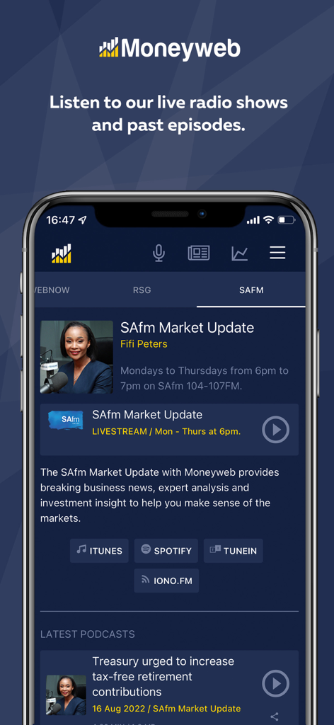 Moneyweb News app interface showing the SAfm Market Update radio show and podcast streaming options