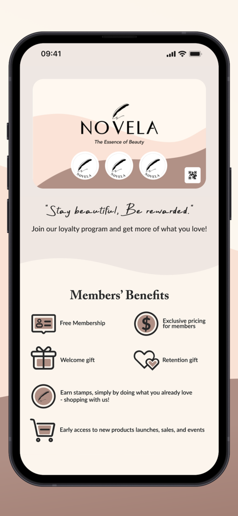 Novela – Shop Beauty & Makeup - Écran de l'application Novela montrant les avantages pour les membres et les détails du programme de récompenses de fidélité