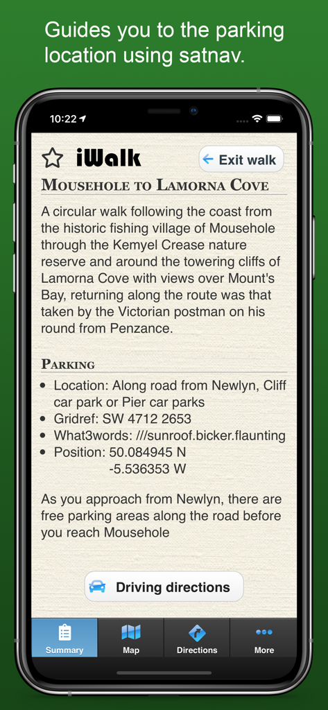 iWalk Cornwall app showing walk summary and driving directions to the start point parking location