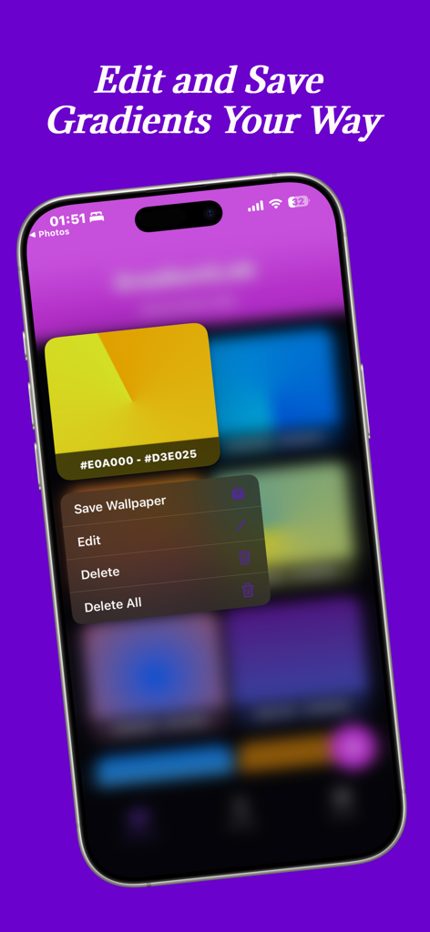 Oberfläche der Gradient Lab App mit Optionen zum Bearbeiten und Speichern benutzerdefinierter Farbverläufe auf einem iPhone.
