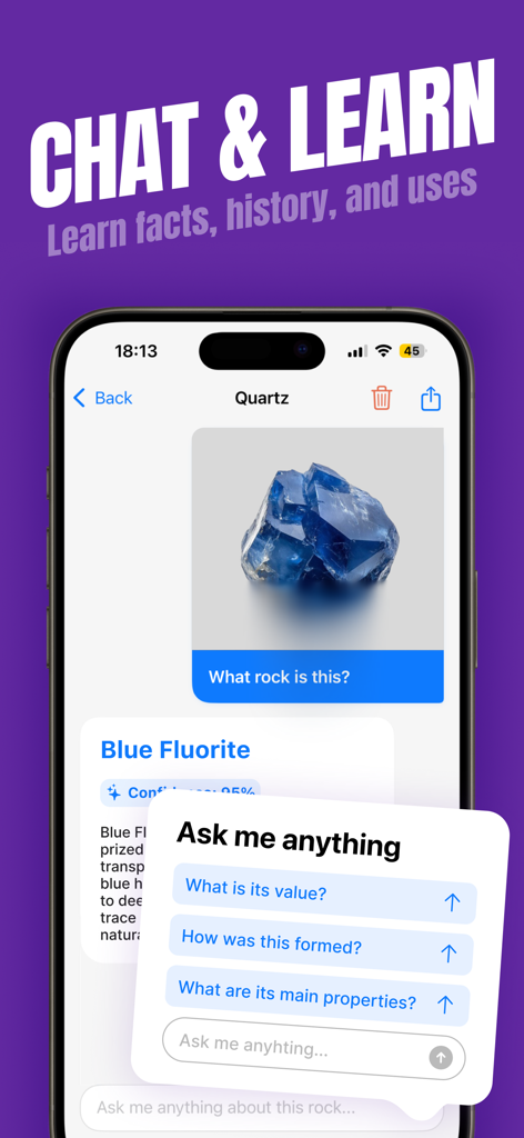 Rock Identifier: Stones ID - Rock Identifier app chat interface showing facts and questions about a blue fluorite crystal