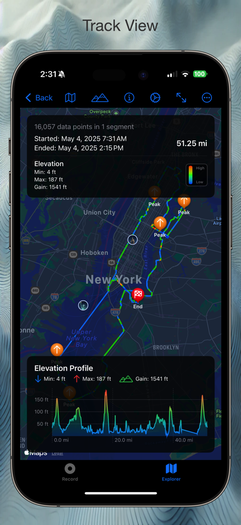 Geo Tracker: GPS Tracking - Geo Tracker App-Bildschirm, der eine aufgezeichnete GPS-Strecke mit Statistiken und einem Höhenprofildiagramm anzeigt
