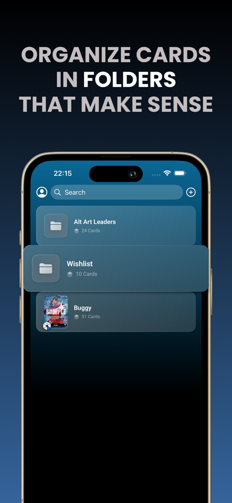 Logia: for One Piece Card Game - A smartphone showing the Logia app interface for organizing One Piece cards into folders like Wishlist and Alt Art Leaders