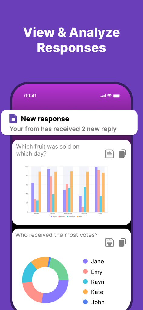 Forms for Google Forms⁺ - Mobile app interface showing real-time response tracking and data visualization with bar and donut charts.