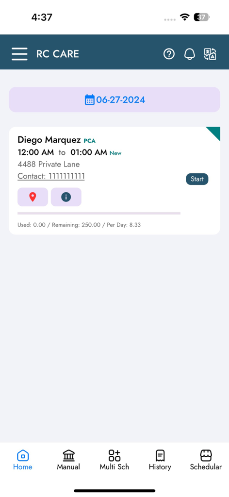 RevivingCare EVV - RevivingCare EVV app home screen showing a scheduled patient visit with a start button and address details.
