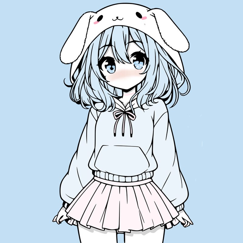 pretty anime girl wearing a fluffy hoodie with bunny ears on the hood and a skirt