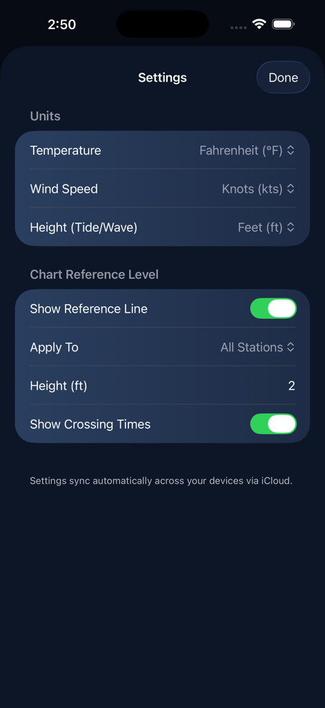 NOAA Tides - La pantalla de configuración de la aplicación NOAA Tides que muestra las preferencias de unidades para la temperatura, la velocidad del viento y la altura de la marea, junto con las opciones de nivel de referencia del gráfico.
