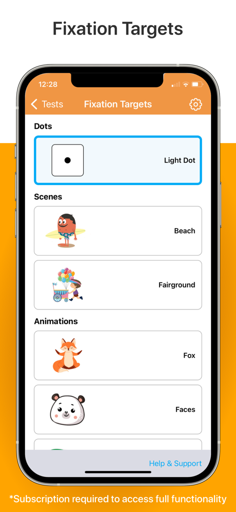 Fixation Targets menu in the Kay iSight Test Professional app featuring dots, scenes, and animated characters for pediatric vision testing