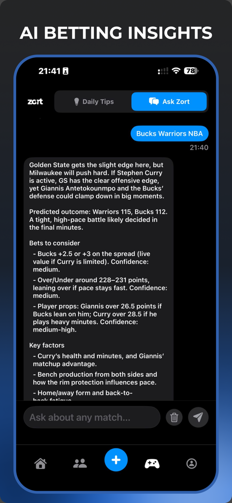 Zort app interface displaying AI-powered betting insights and game predictions for an NBA match.