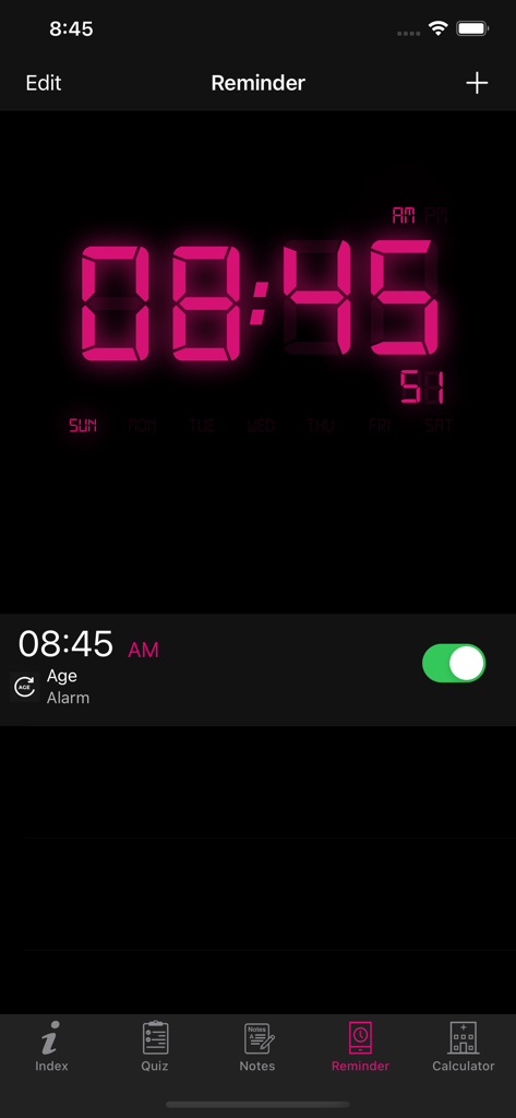 Reminder screen of the ATR 72 Simulator Checklist app featuring a pink digital clock and alarm toggle.