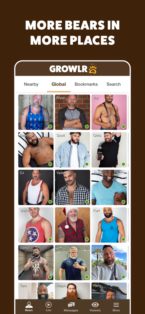 Interfaz de la aplicación GROWLR mostrando la pestaña Global con una cuadrícula de perfiles de hombres de la comunidad de osos