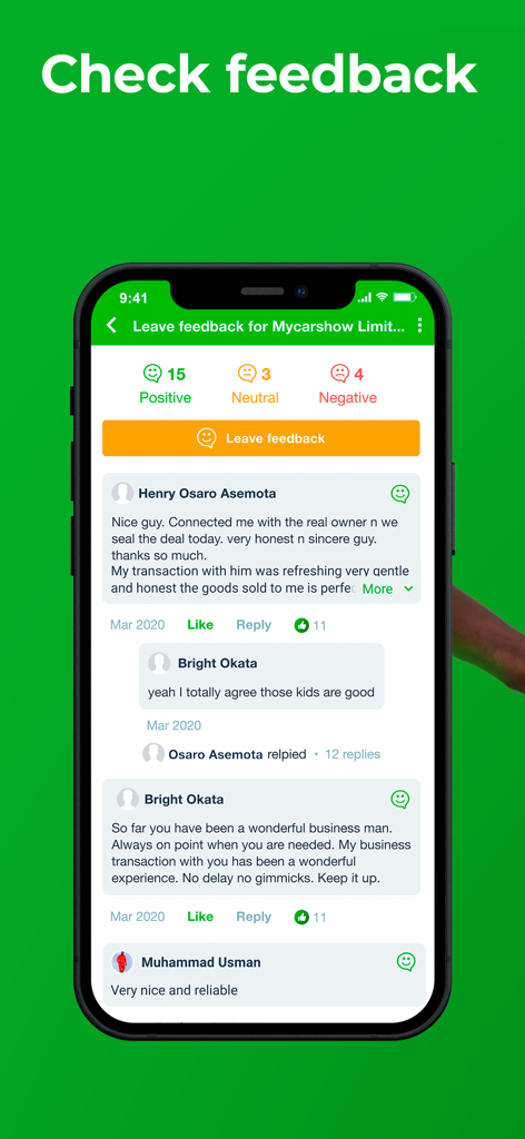 Jiji Nigeria App-Bildschirm mit positiven Verkäuferbewertungen und Feedback-Rankings