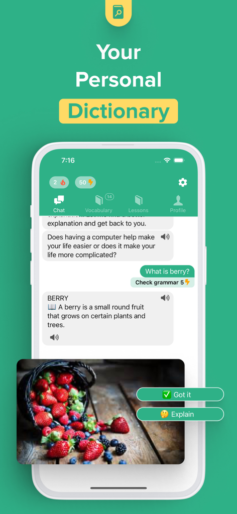 単語の定義とベリーの画像が表示された個人用辞書機能を表示するアンディ英会話アプリ