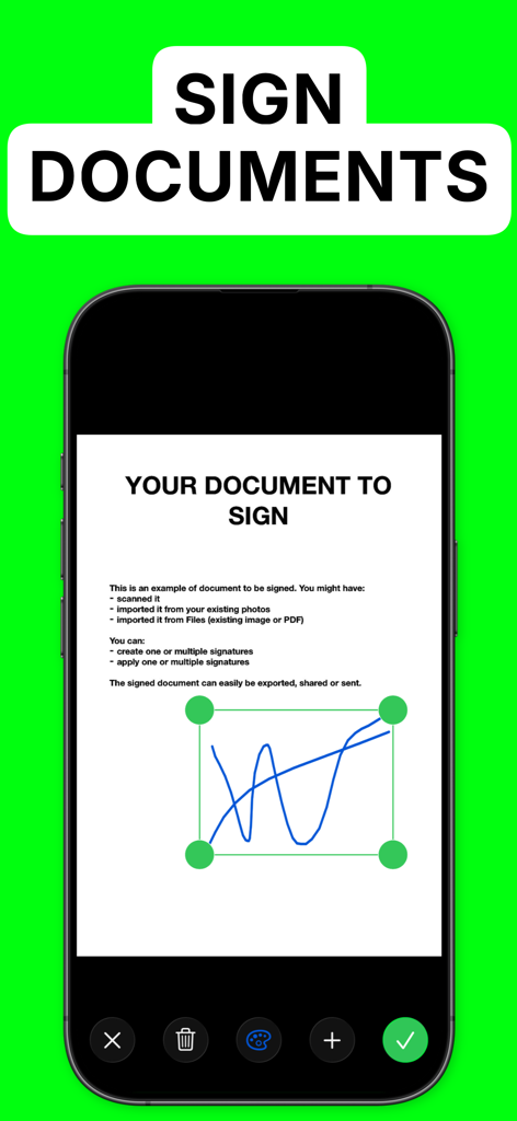 Smartphone display showcasing the digital signature feature for documents in QuickScan Enterprise OCR