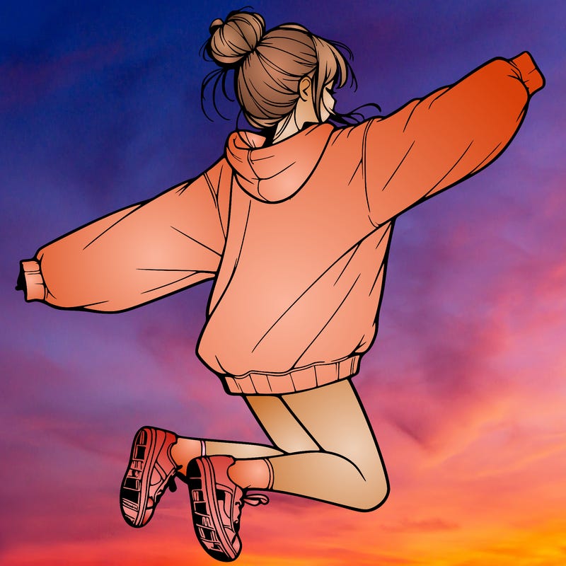 realistic girl jumping with a bun and oversized sweatshirt