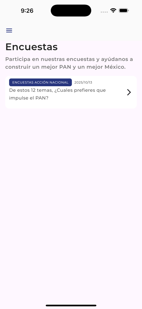 Partido Accion Nacional - La page des sondages de l'application PAN où les utilisateurs peuvent partager leurs opinions sur des sujets politiques.