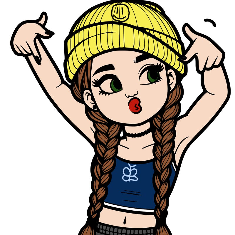 realistic teenage girl with braids and a beanie and crop top doing 🫶🏼