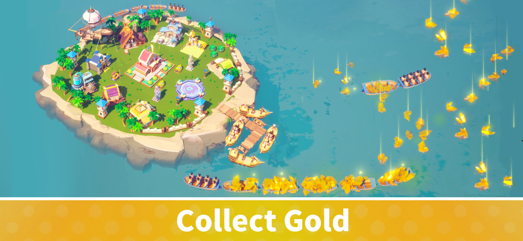 Top down view of a 3D island settlement with boats transporting gold resources
