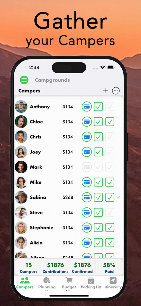 Mobile app screen showing a list of campers with their individual financial contributions and payment confirmation status for a group trip.